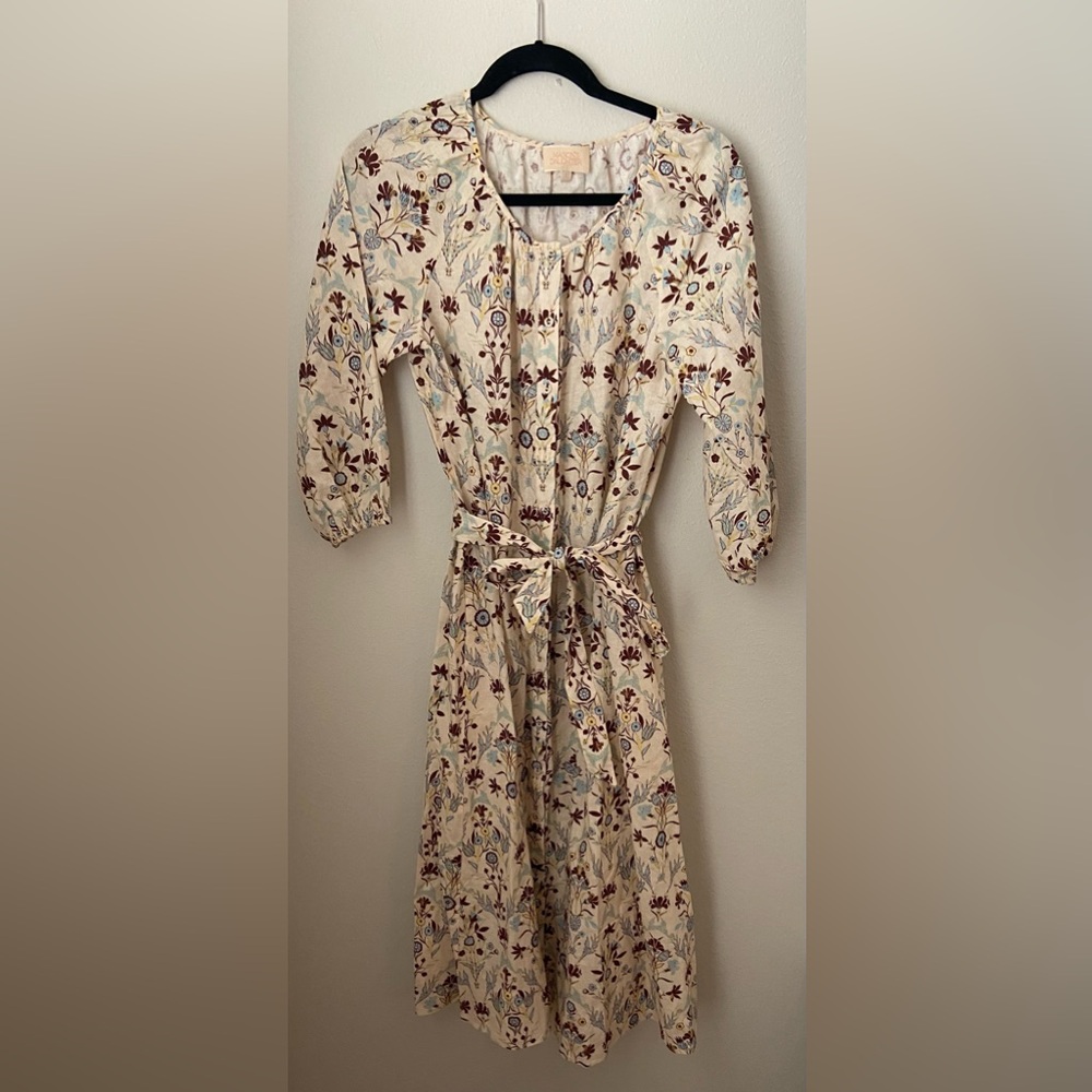 Mason's Daughter Dress S Beige Floral Button Front Puff Sleeve Tie Waist